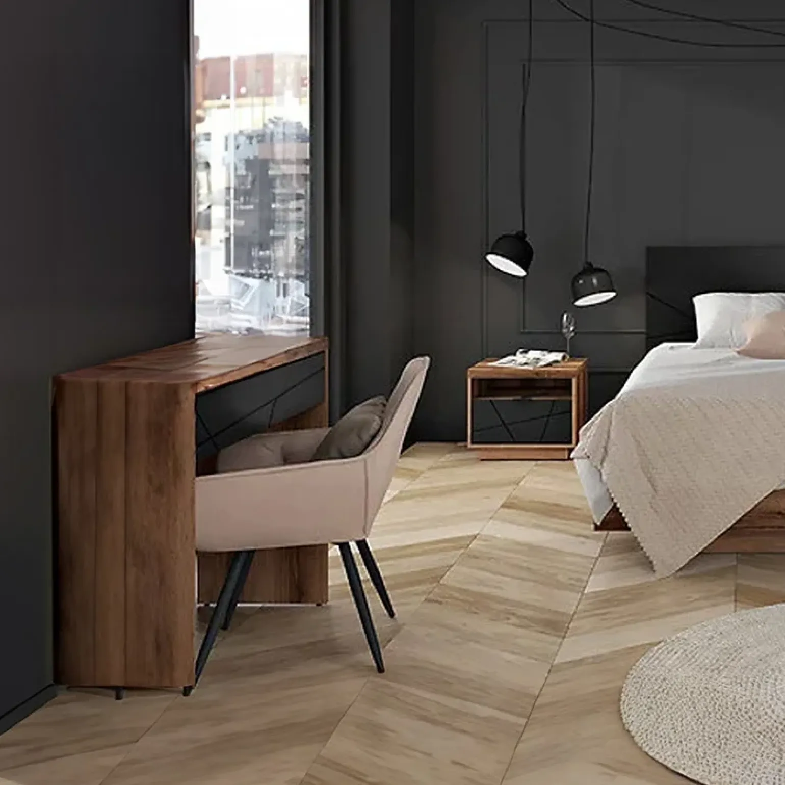 Toletta trucco consolle 90x80cm rovere scuro nero opaco Elin