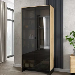 Vetrina alta 92x196h cm 2 ante vetro 4 cassetti interni rovere nero Alabaster