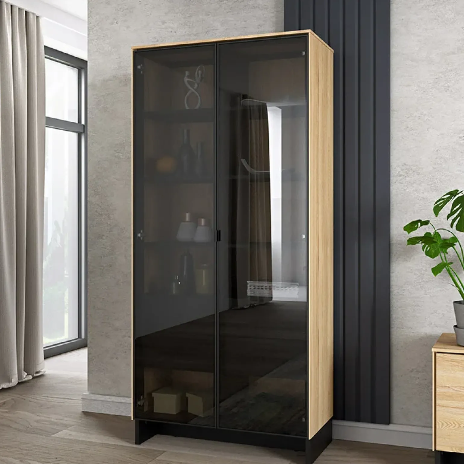 Vetrina alta 92x196h cm 2 ante vetro 4 cassetti interni rovere nero Alabaster