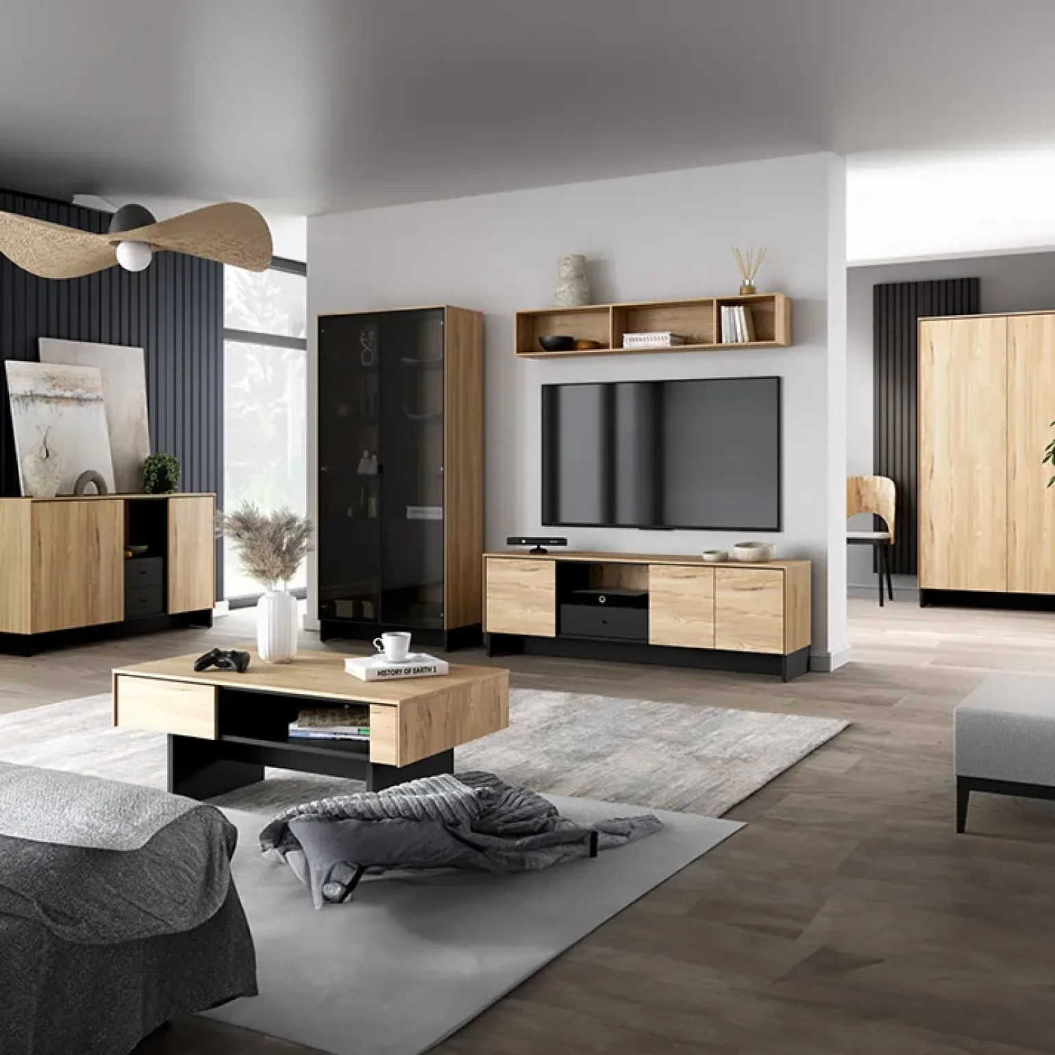 Vetrina alta 92x196h cm 2 ante vetro 4 cassetti interni rovere nero Alabaster