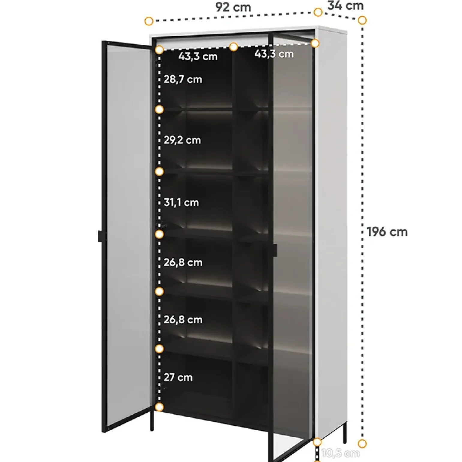 Vetrina alta 92x196h cm 2 ante led bianco opaco nero Camelia
