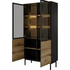 Vetrina alta 100x189h cm 4 ante con led nero opaco rovere Amel