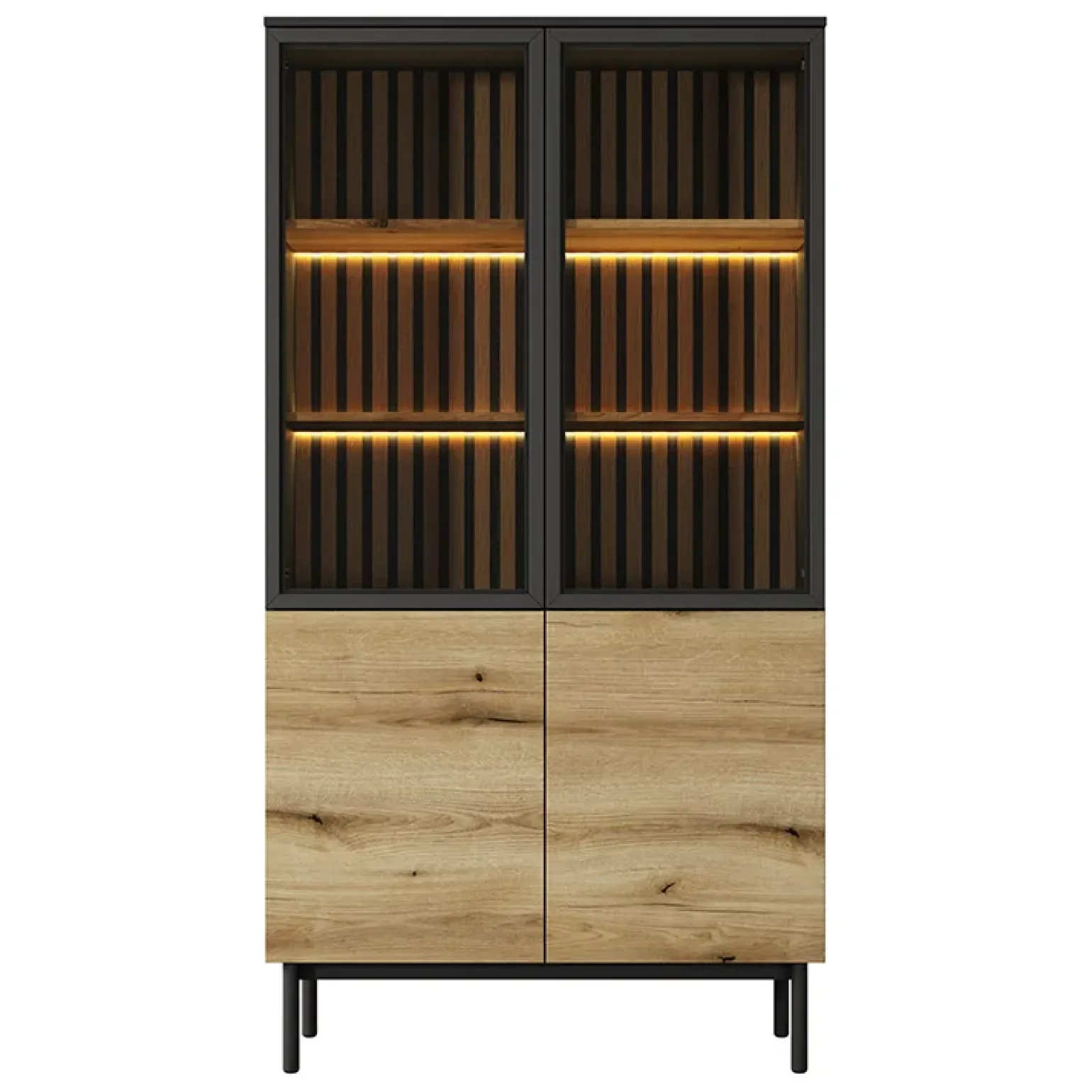 Vetrina alta 100x189h cm 4 ante con led nero opaco rovere Amel