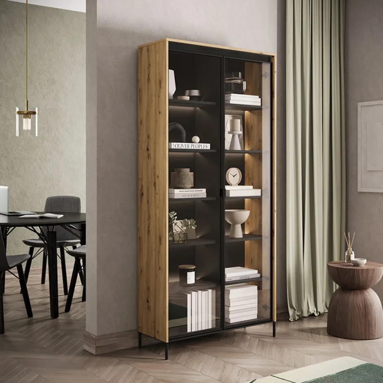 Vetrina alta 92x196h cm 2 ante led rovere rustico nero Camelia