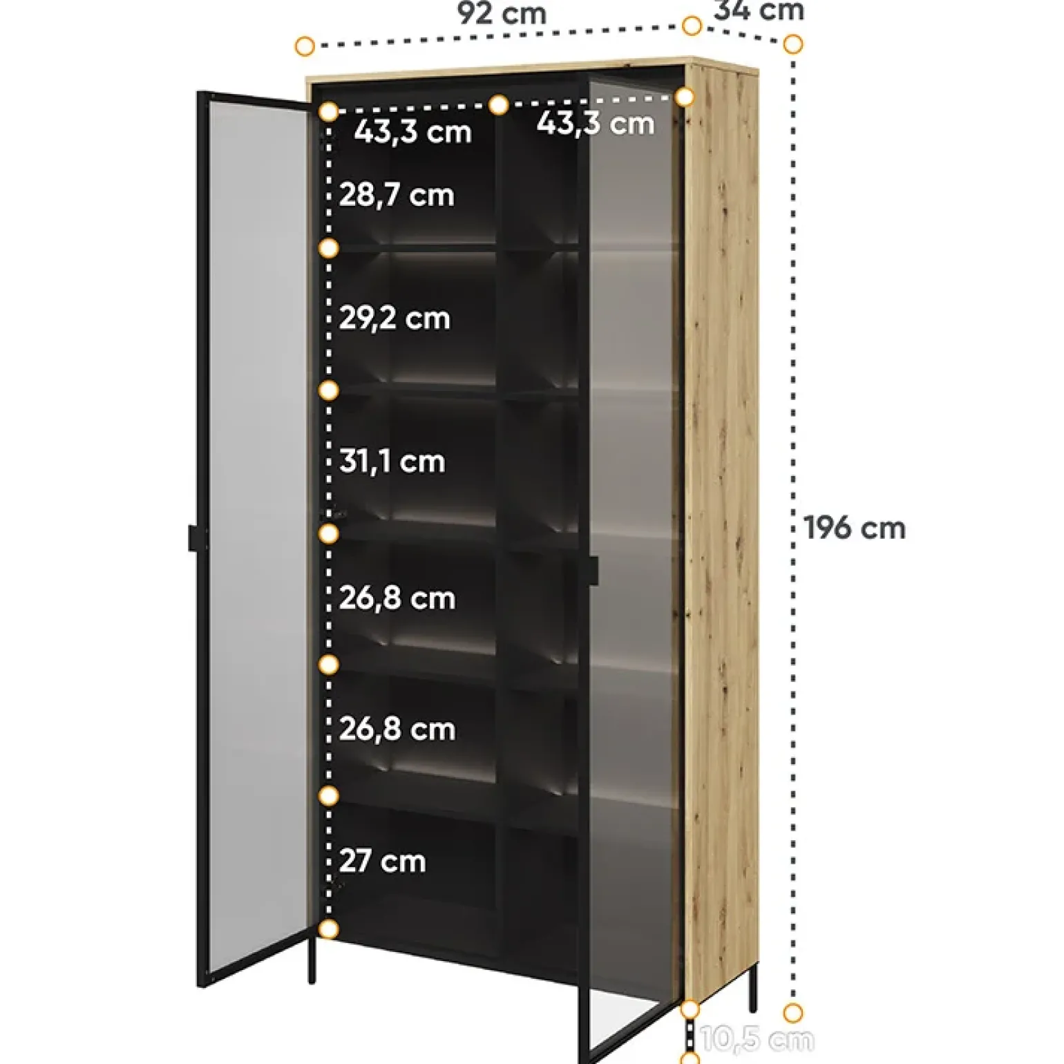 Vetrina alta 92x196h cm 2 ante led rovere rustico nero Camelia