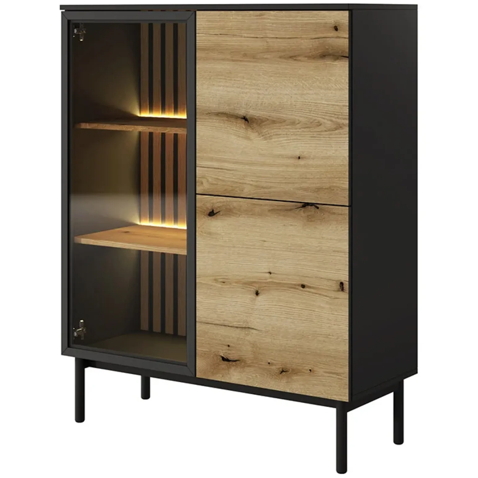 Vetrina bassa 100x126h cm 3 ante con led nero opaco rovere Amel