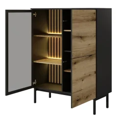 Vetrina bassa 100x126h cm 3 ante con led nero opaco rovere Amel