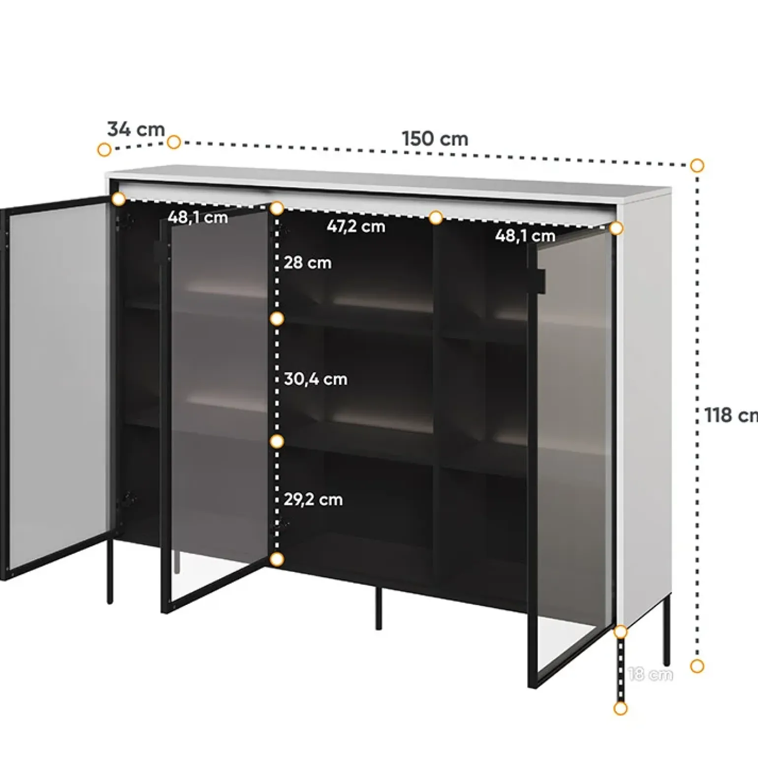 Vetrina bassa 150x118h cm 3 ante led bianco opaco nero Camelia