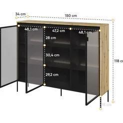 Vetrina bassa 150x118h cm 3 ante led rovere rustico nero Camelia