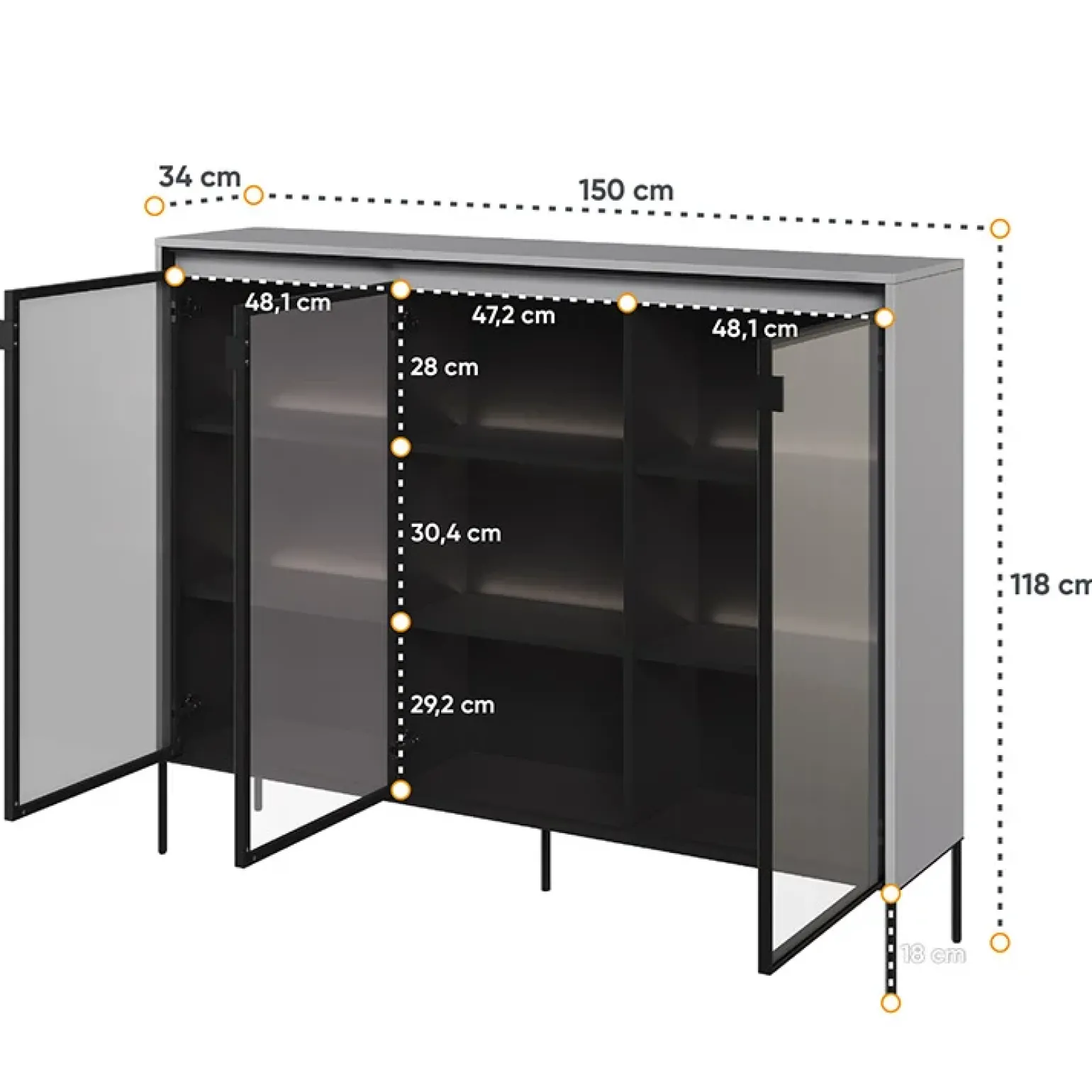 Vetrina bassa 150x118h cm 3 ante led grigio nero Camelia