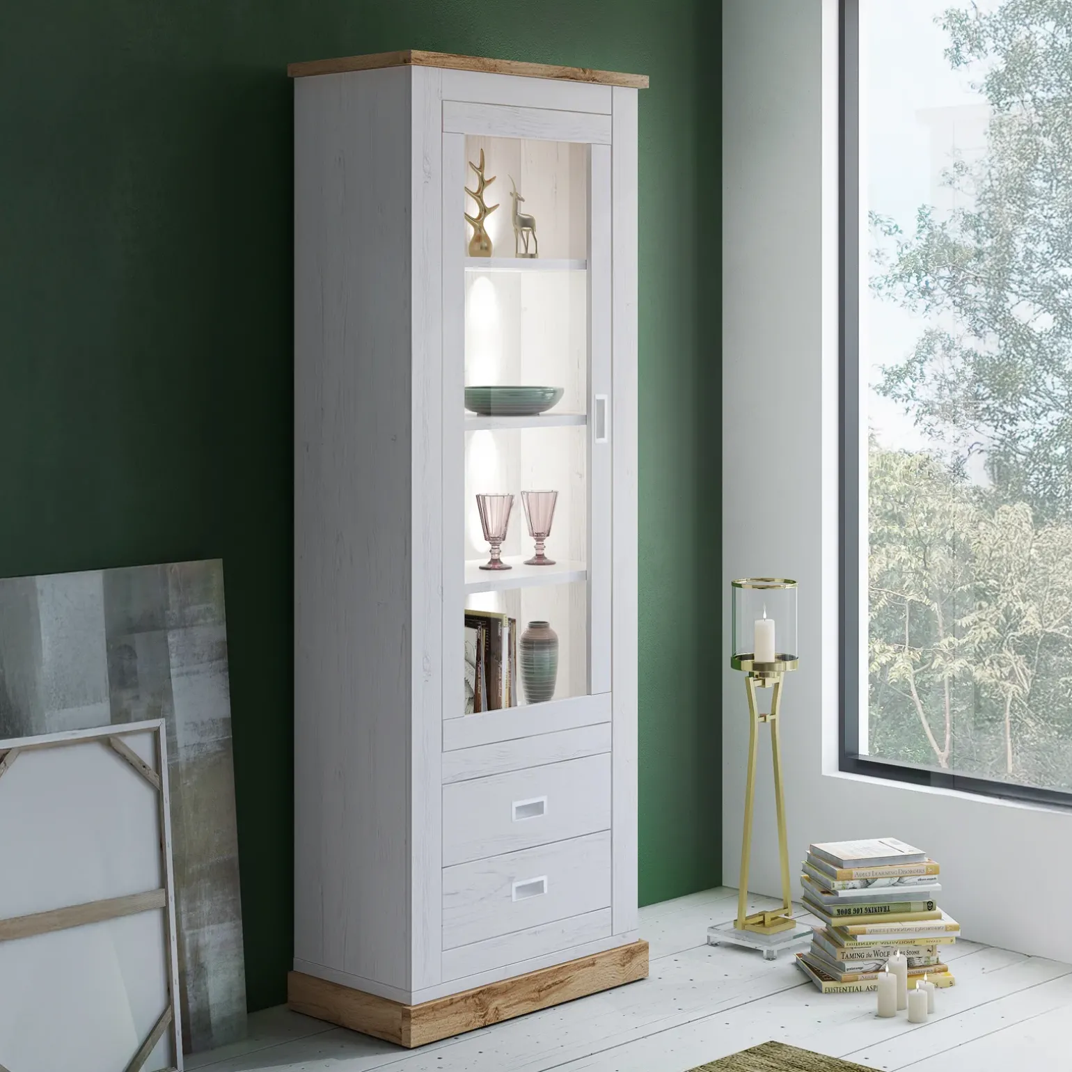 Vetrina 73x204h cm 1 anta 2 cassetti soggiorno bianco frassinato rovere Islen