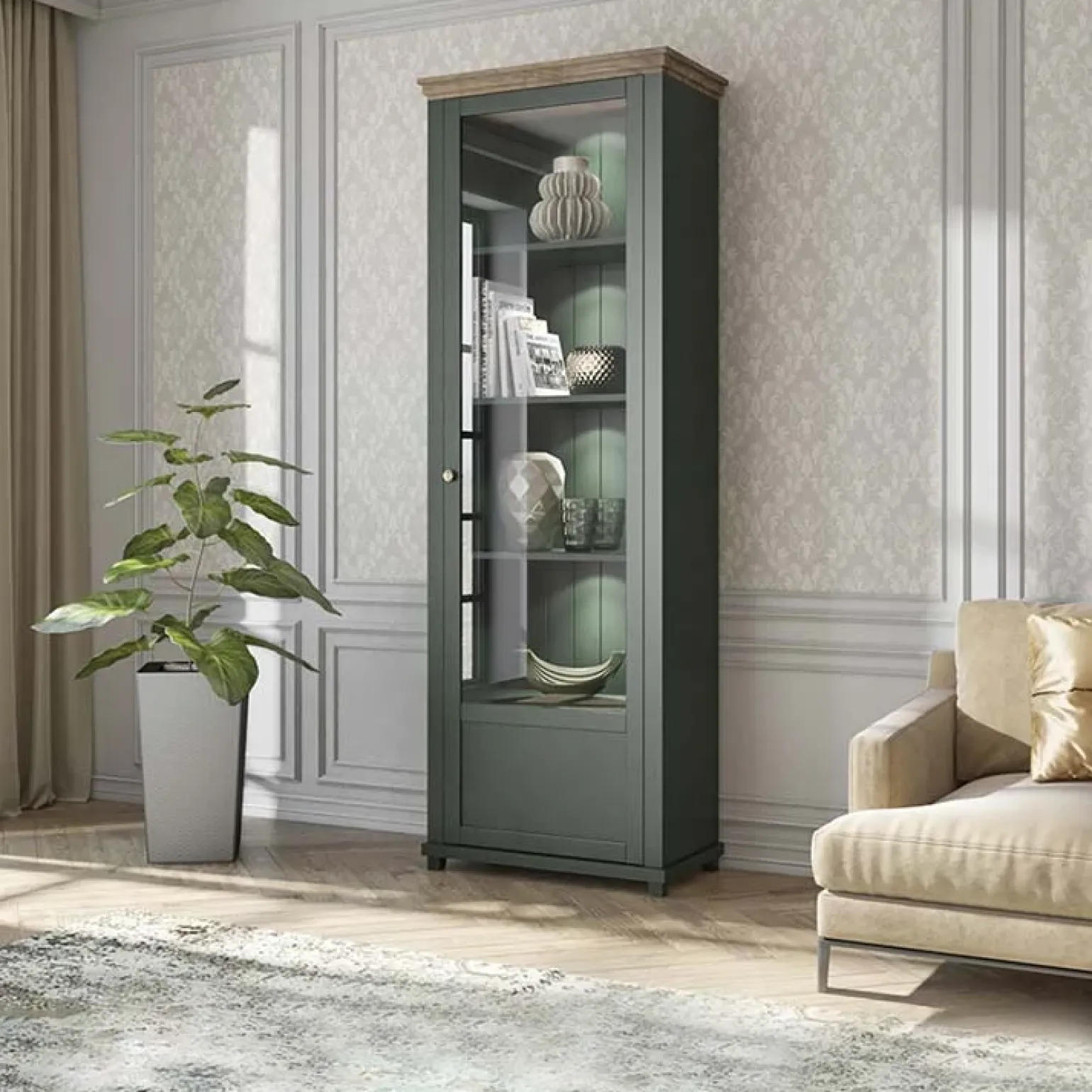 Vetrina 71x200h cm 1 anta destra soggiorno verde quercia Texel