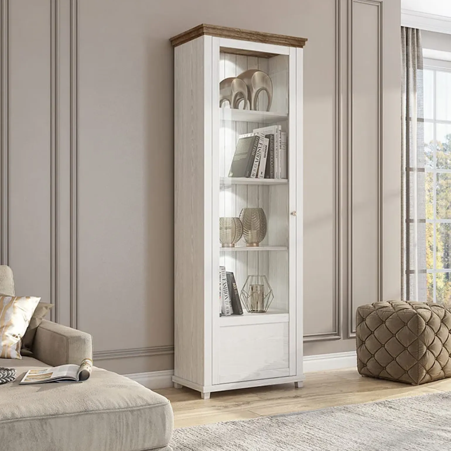 Vetrina 71x200h cm 1 anta sinistra bianco frassinato rovere Texel