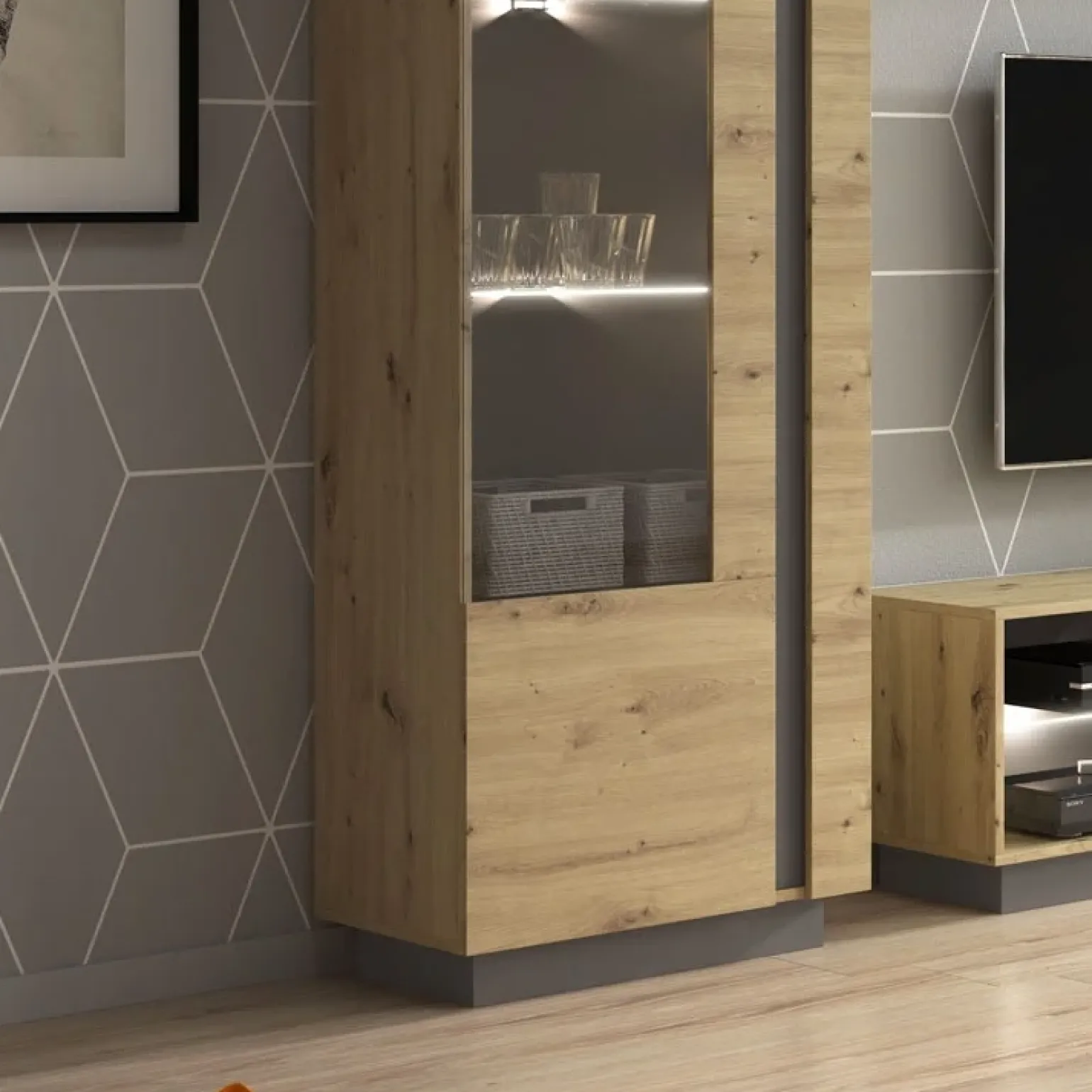 Vetrina 60x194h cm 1 anta soggiorno rovere antracite Noa Gihome®