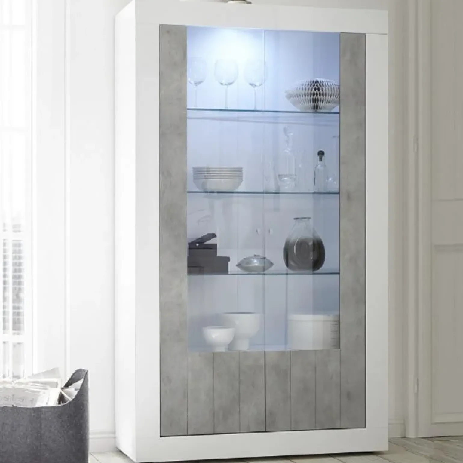 Vetrina 110x190h cm 2 ante moderno bianco lucido cemento Florena