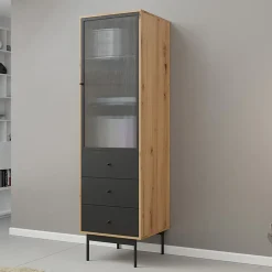 Vetrinetta 52x180h cm 1 anta 3 cassetti con led soggiorno rovere nero Herning