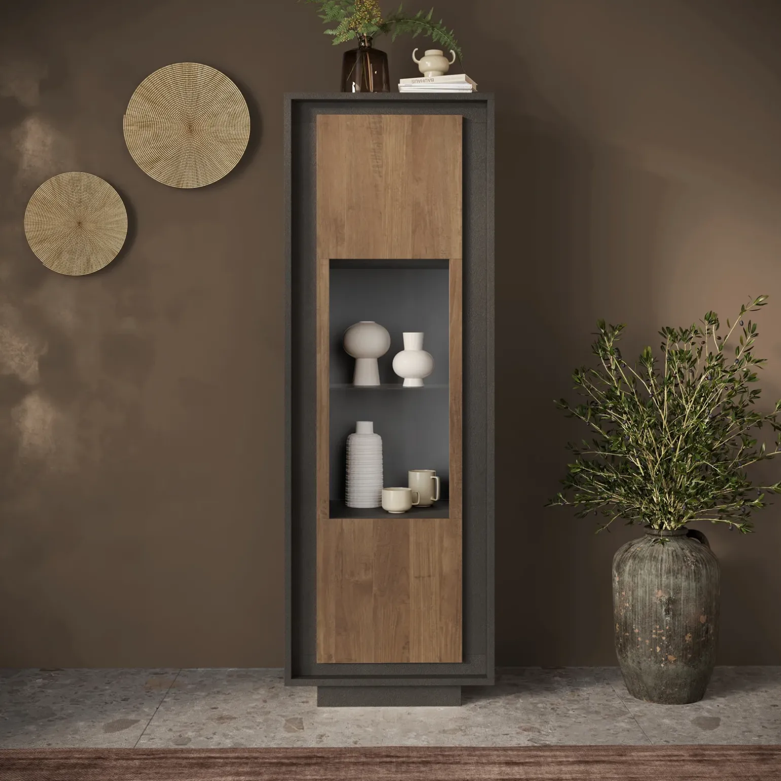 Vetrinetta 67x197h cm 1 anta moderna antracite rovere scuro Deluxe