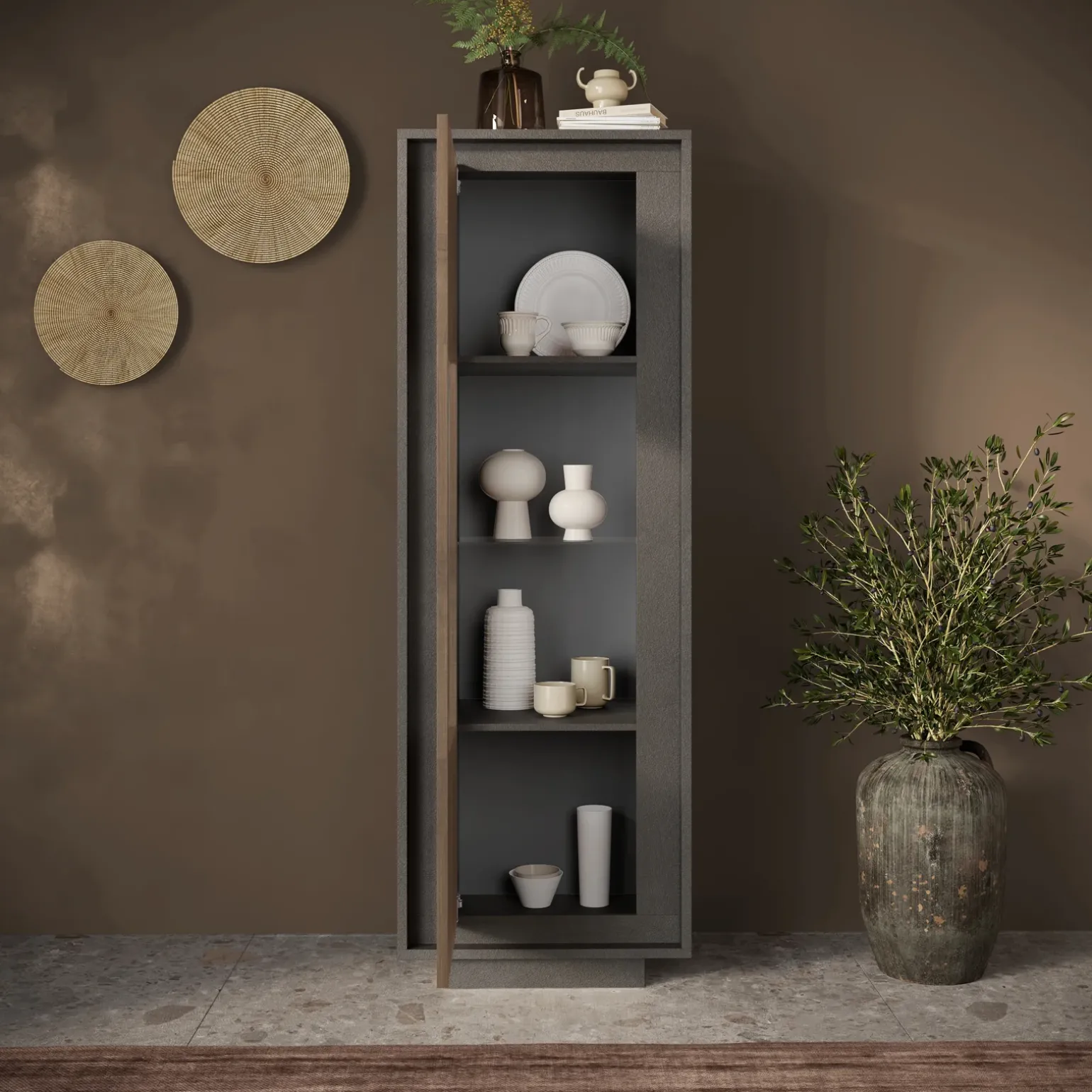 Vetrinetta 67x197h cm 1 anta moderna antracite rovere scuro Deluxe