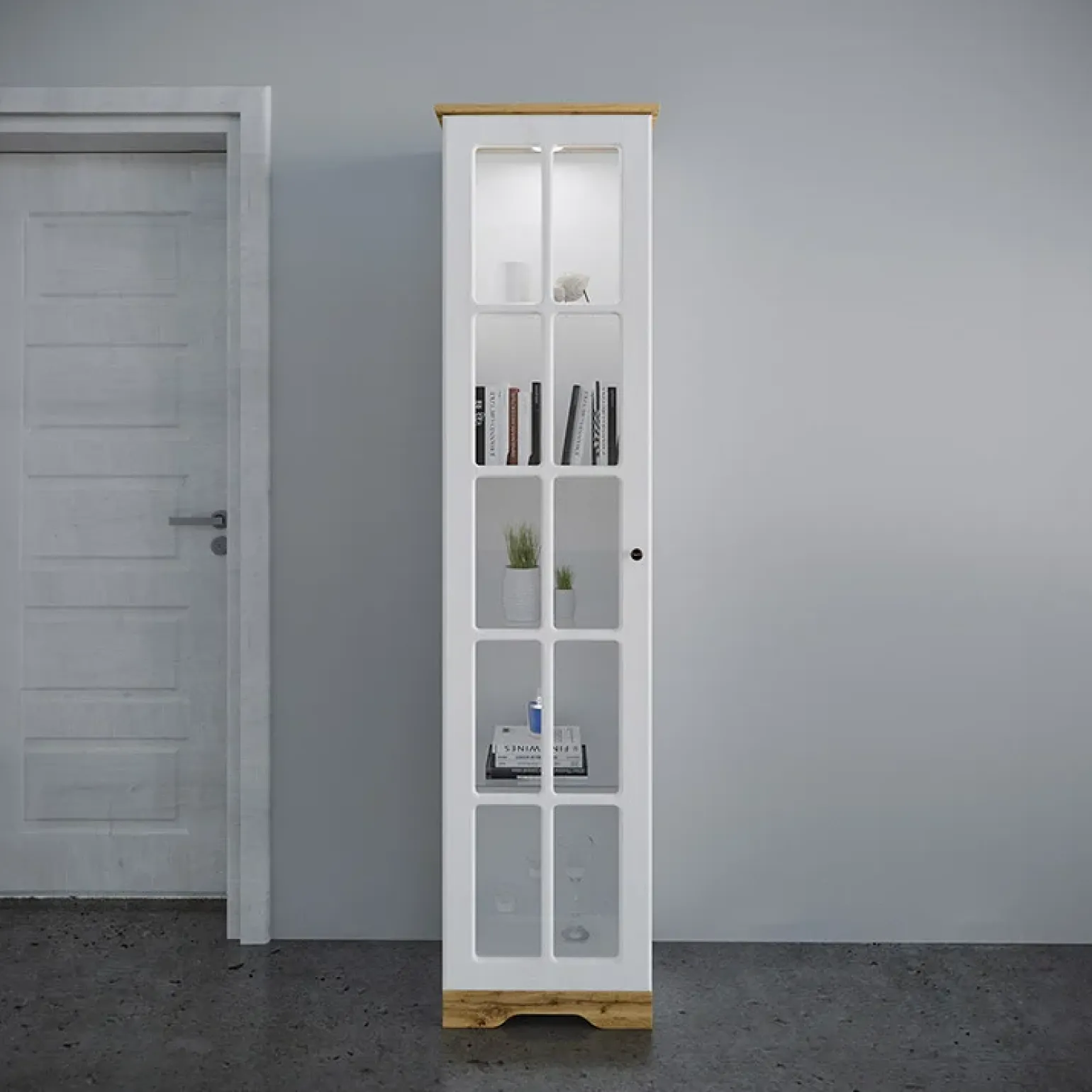 Vetrinetta 48x199h cm 1 anta shabby bianco lucido rovere Loira