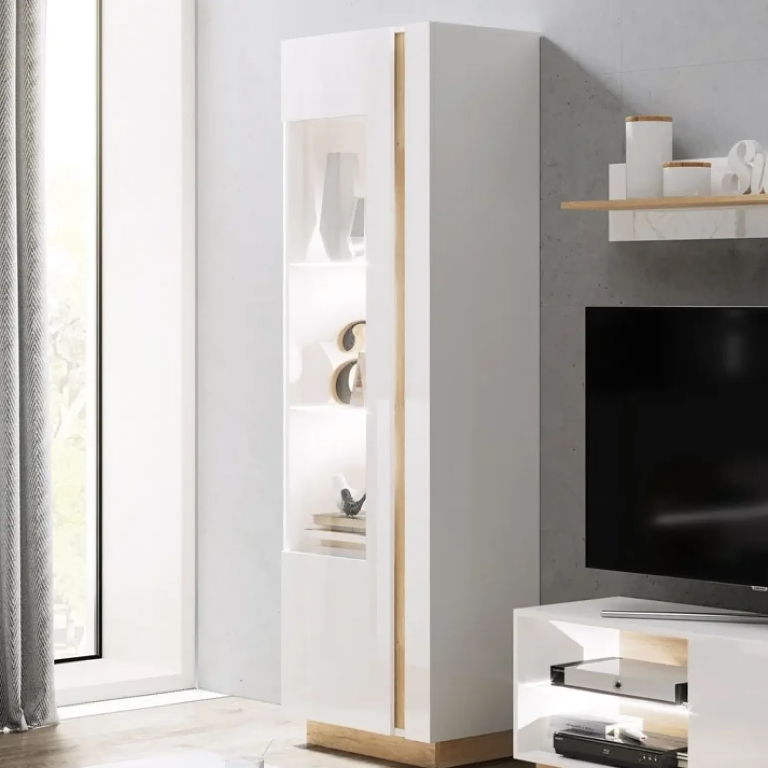 Vetrinetta 60x194h cm 1 anta soggiorno bianco rovere Noa Gihome®