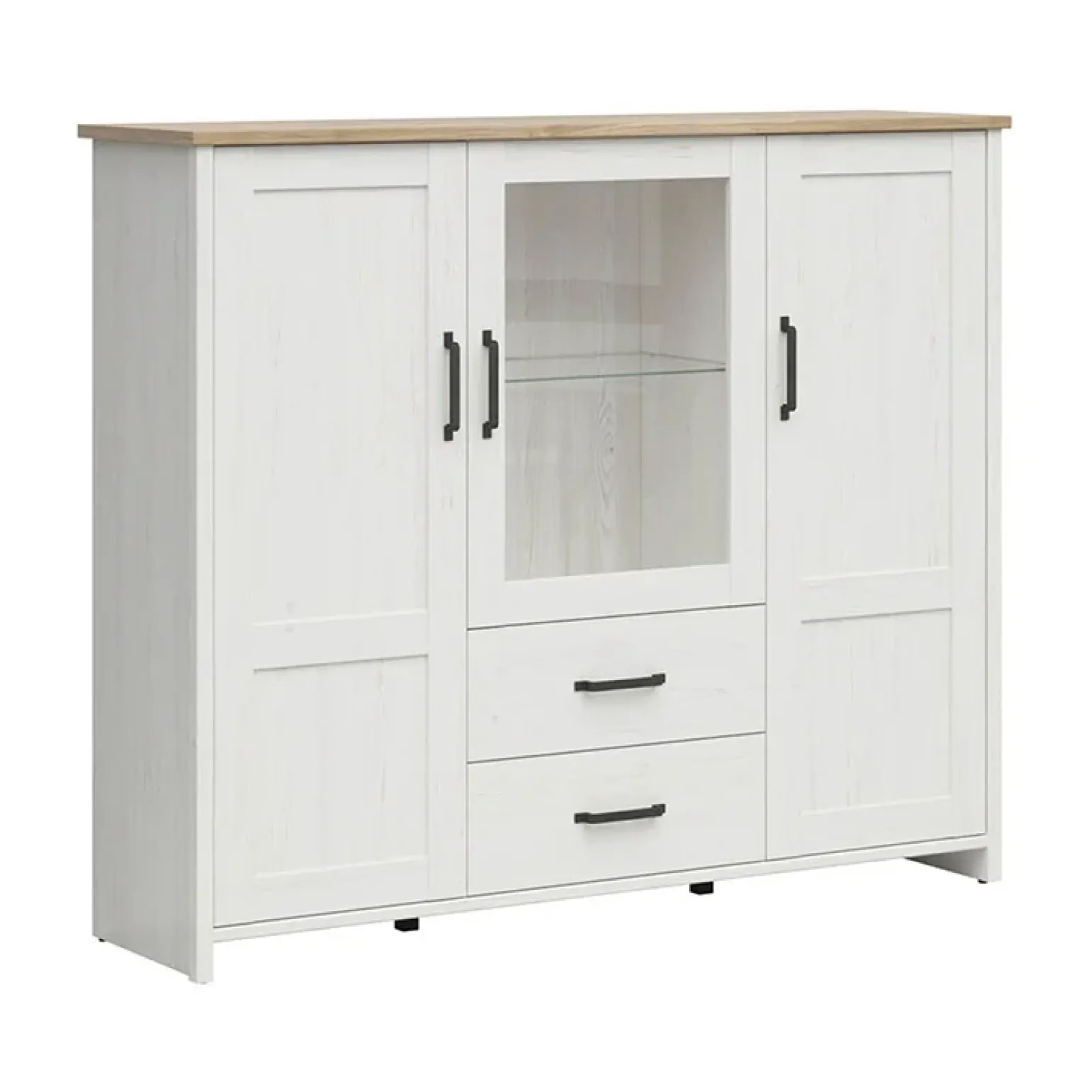 Vetrinetta 160x135h cm 3 ante 2 cassetti soggiorno bianco frassinato rovere Lars