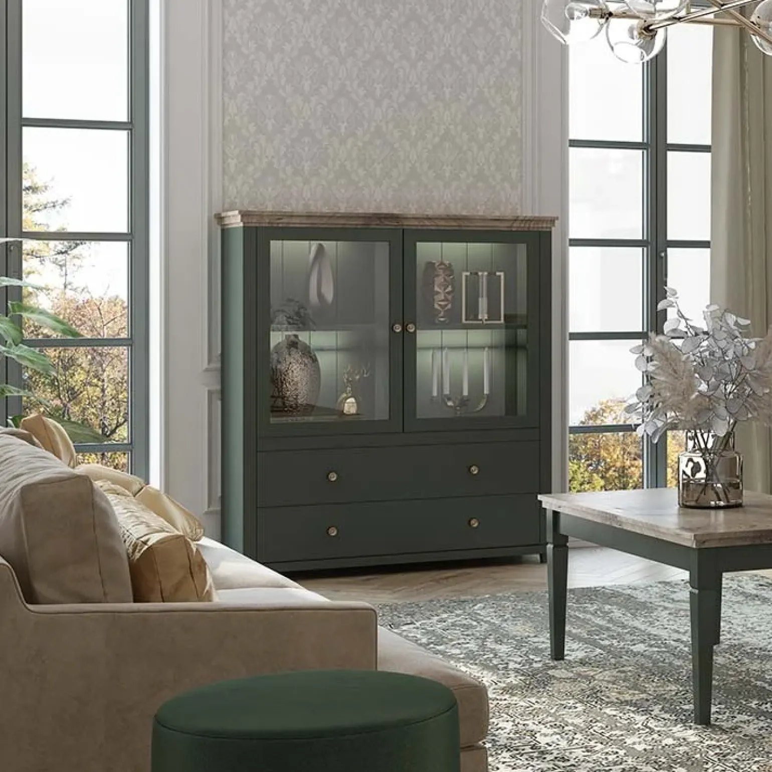Vetrinetta 126x138h cm 2 ante 2 cassetti verde quercia Texel