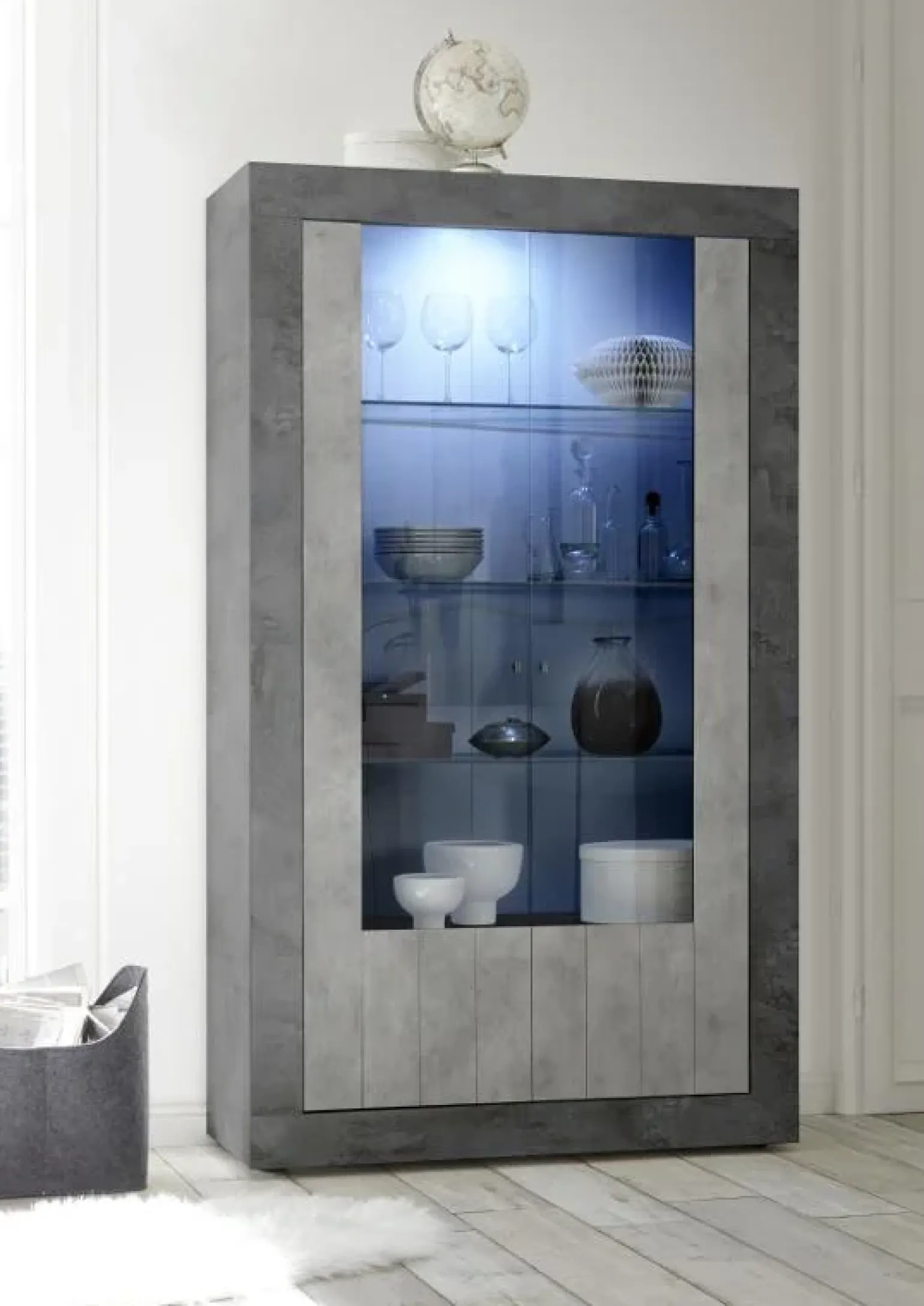 Vetrinetta 110x190h cm 2 ante soggiorno ossido cemento Florena