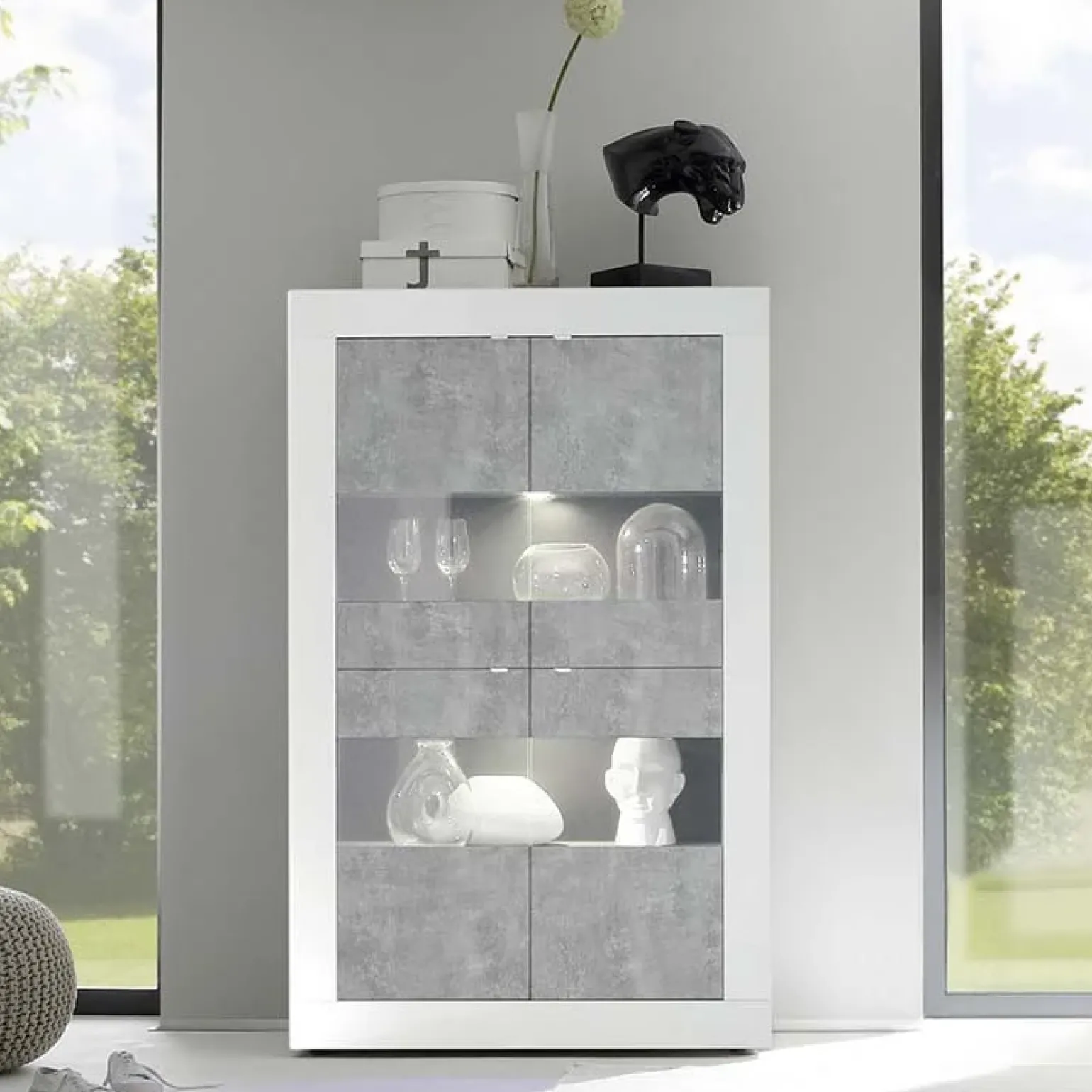 Vetrinetta 102x162h cm 4 ante soggiorno bianco lucido cemento Eternity