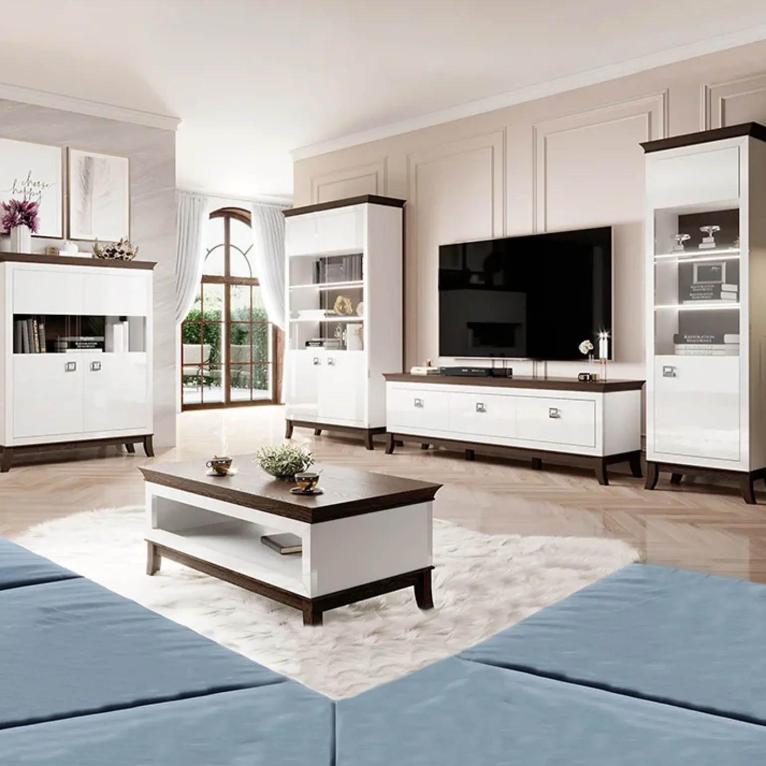 Vetrinetta 66x207h cm1 anta soggiorno bianco lucido rovere scuro Umag